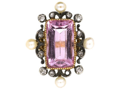 Edwardian 15ct Gold, Pink Topaz, Diamond & Natural Split Pearl Ring