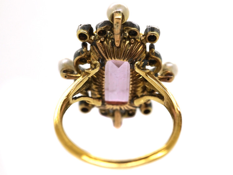 Edwardian 15ct Gold, Pink Topaz, Diamond & Natural Split Pearl Ring