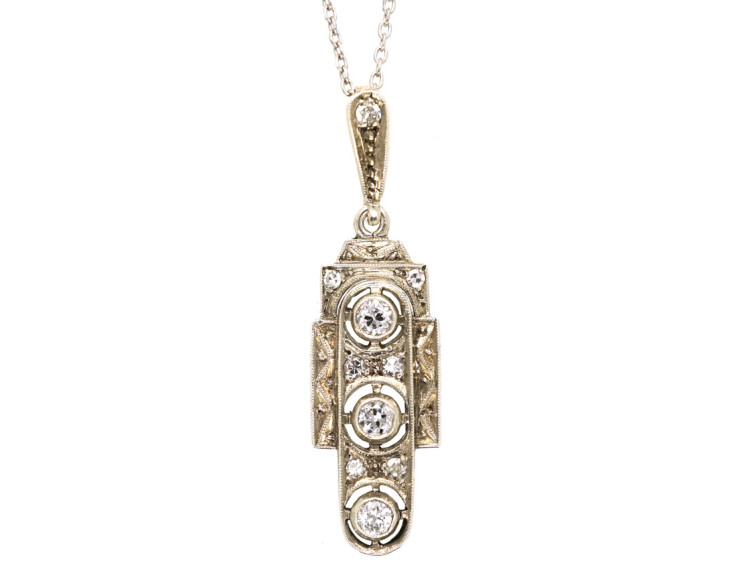 Art Deco 14ct White Gold Pendant Set With Diamonds on a Silver Chain