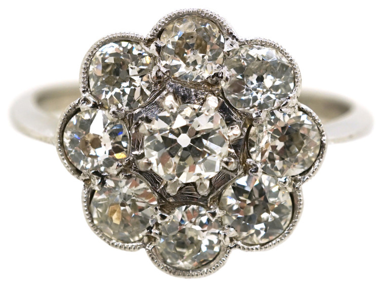 Edwardian 18ct White Gold Diamond Daisy Cluster Ring