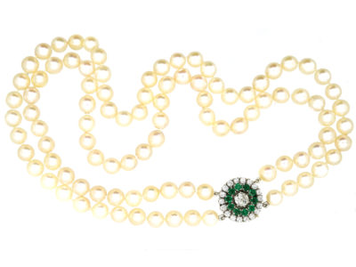 Cultured Pearl Double Strand Necklace With Emerald & Diamond Clasp