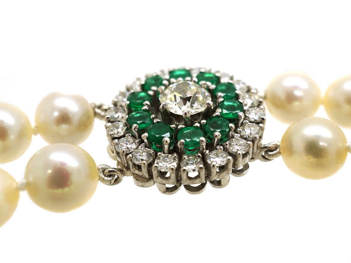 Cultured Pearl Double Strand Necklace With Emerald & Diamond Clasp