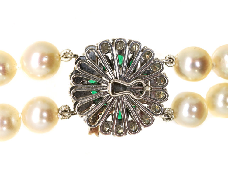 Cultured Pearl Double Strand Necklace With Emerald & Diamond Clasp