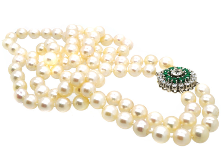 Cultured Pearl Double Strand Necklace With Emerald & Diamond Clasp
