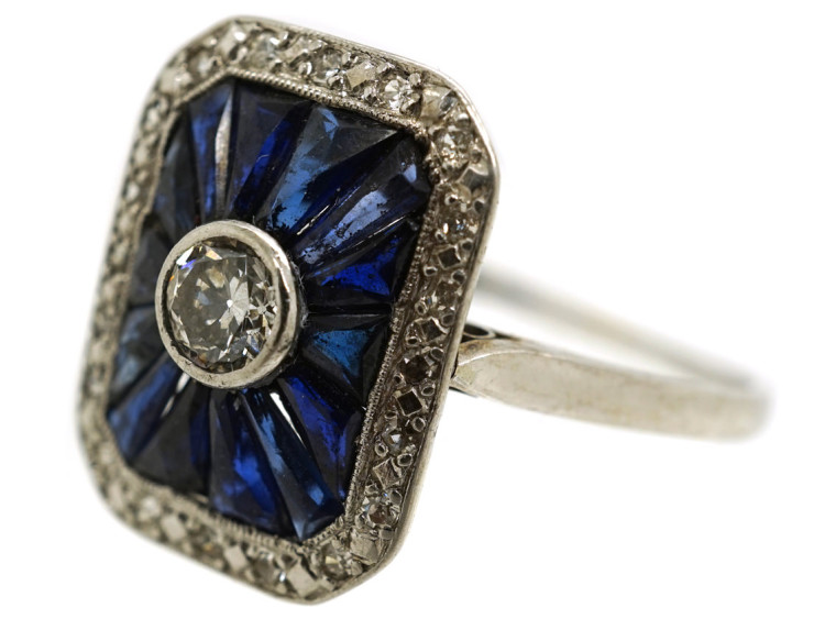 Art Deco 18ct White Gold, Diamond & Synthetic Sapphire Rectangular Ring