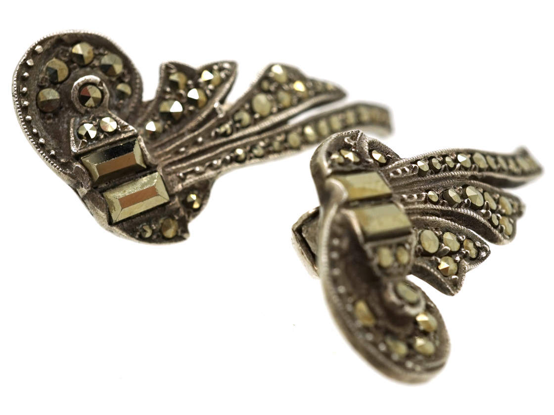 Silver & Marcasite Clip On Earrings (205L) The Antique Jewellery Company