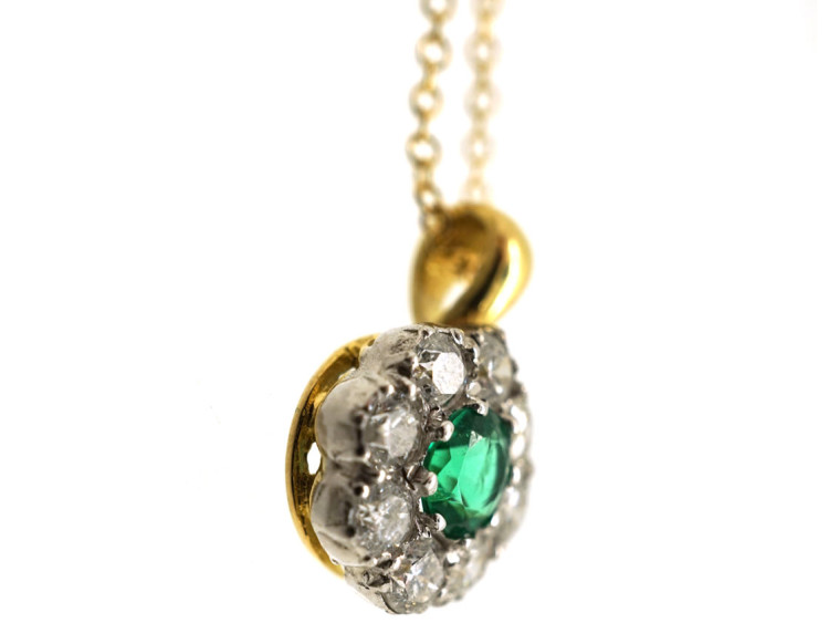 Emerald & Diamond Cluster Pendant on Gold Chain