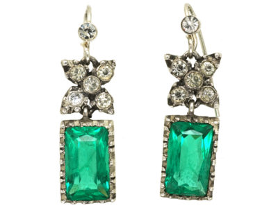 Edwardian Silver & Green & White Paste Drop Earrings