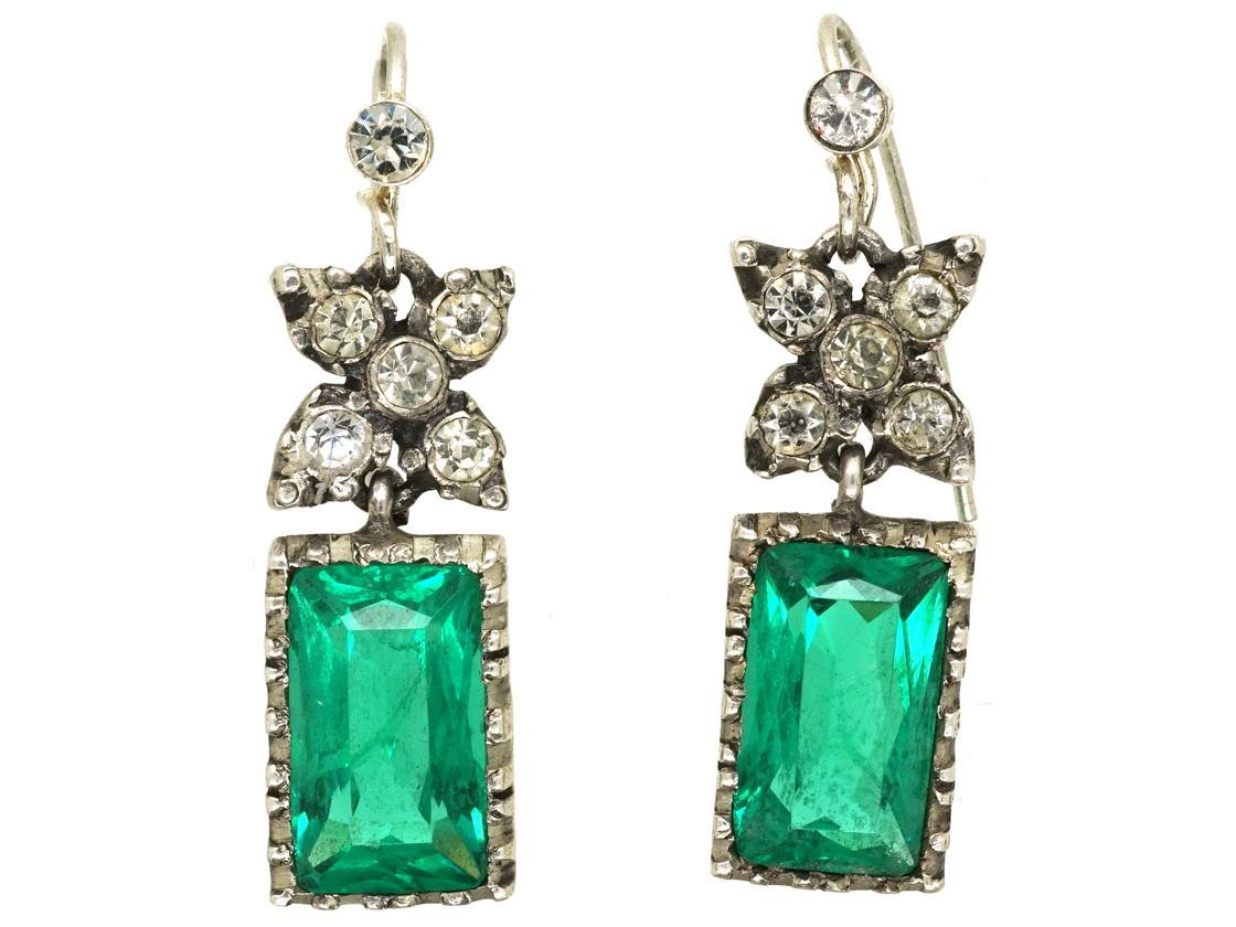 Edwardian Silver & Green & White Paste Drop Earrings (52L) | The ...