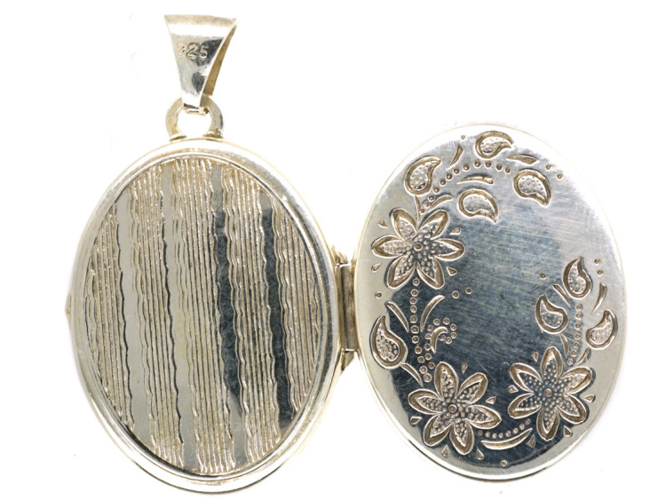 Small Silver Oval Locket With Flower Decoration