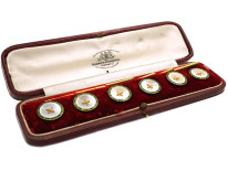 Edwardian 18ct Gold Enamel & Mother of Pearl Set of Dress Buttons in Original Case