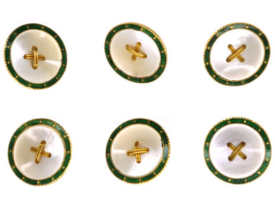 Edwardian 18ct Gold Enamel & Mother of Pearl Set of Dress Buttons in Original Case