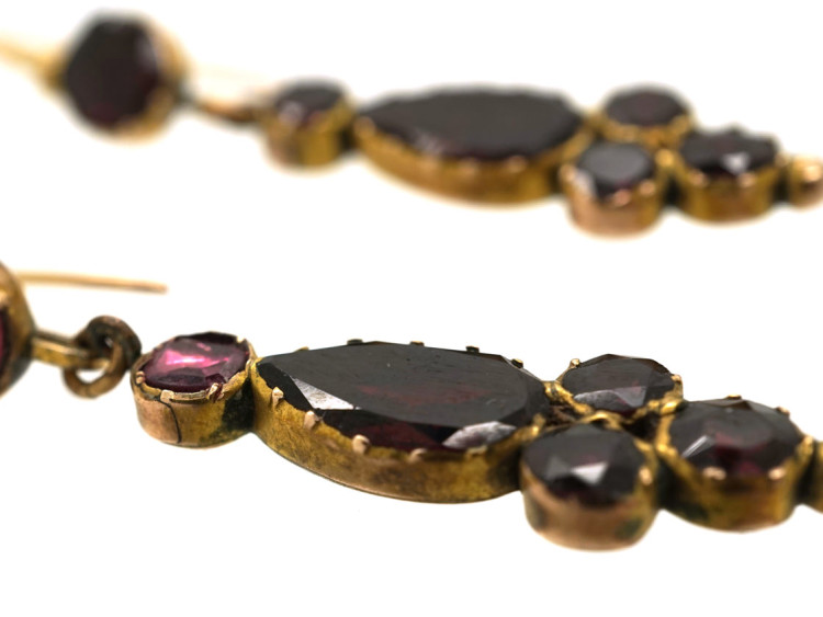 Georgian 9ct Gold & Flat Cut Almandine Garnet Drop Earrings
