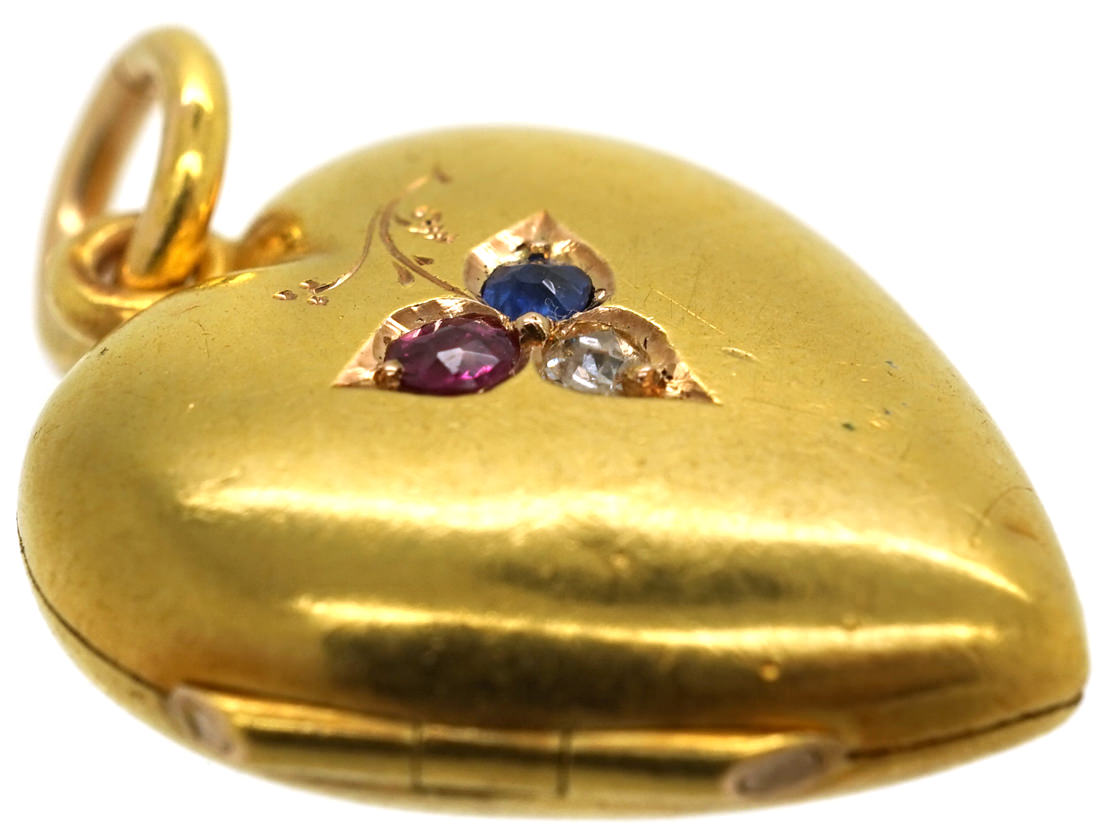 Edwardian 15ct Gold Heart Shaped Locket Set With A Sapphire, Ruby ...