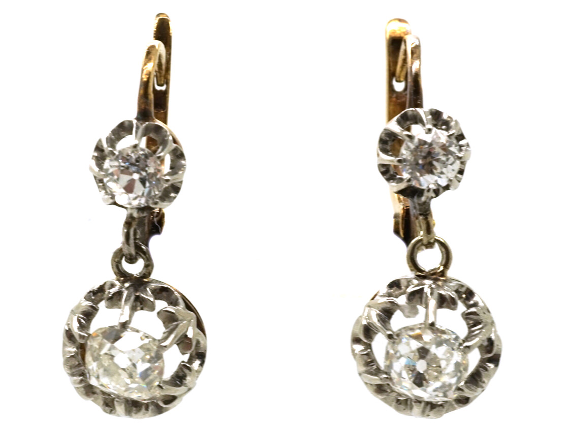 French Two Stone Diamond Drop Earrings (223L) | The Antique Jewellery ...