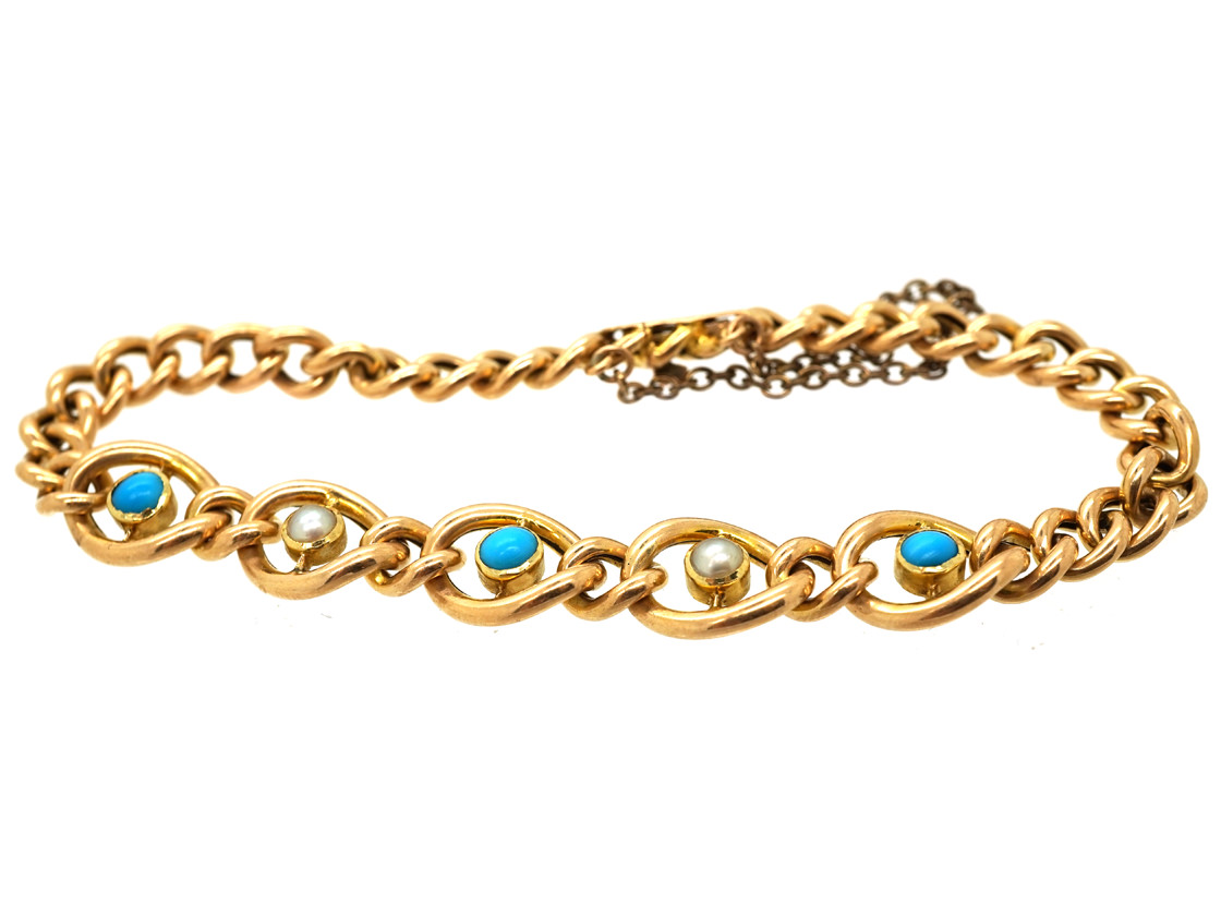 Edwardian 15ct Gold Curb Bracelet Set With Turquoise & Pearls (148L ...