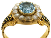 Victorian Gold, Enamel, Aquamarine & Natural Split Pearl Cluster Mourning Ring
