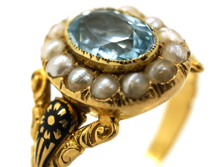 Victorian Gold, Enamel, Aquamarine & Natural Split Pearl Cluster Mourning Ring