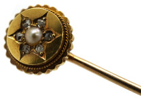 Edwardian 15ct Gold, Natural Pearl & Rose Diamond Tie Pin