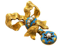 Victorian 15ct Gold, Turquoise Blue Enamel, Natural Split Pearl & Rose Diamond Bow Brooch