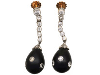 Art Deco Onyx & Diamond Drop Earrings in Original Case
