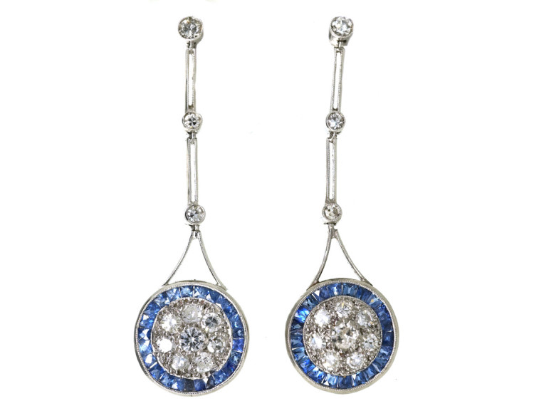 Art Deco Platinum, Sapphire & Diamond Target Design Drop Earrings