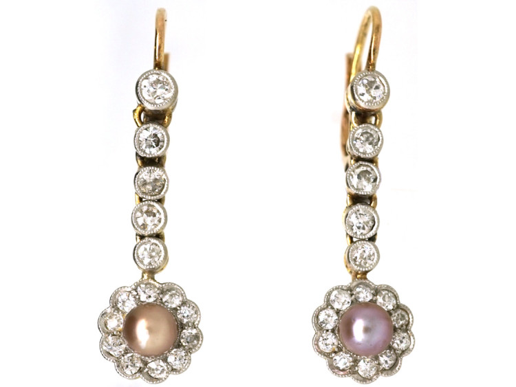 Edwardian 18ct Gold, Pearl & Diamond Drop Earrings