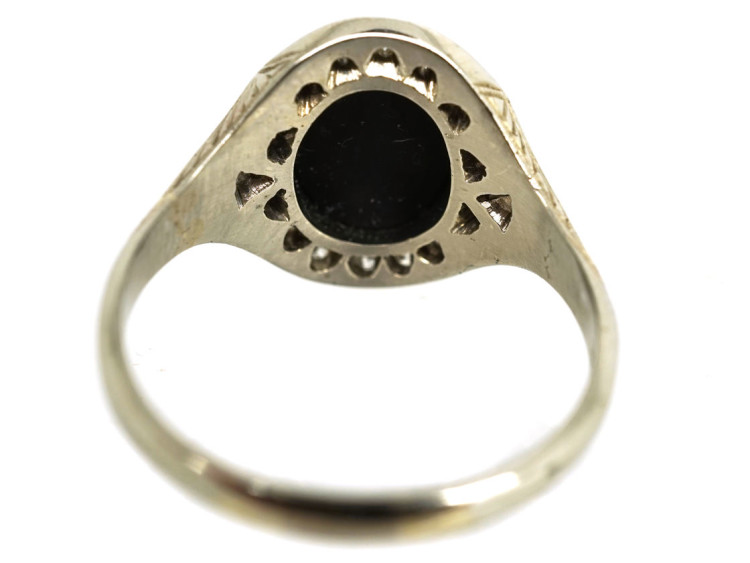 Art Deco 18ct White Gold Signet Ring With Onyx Crest Intaglio