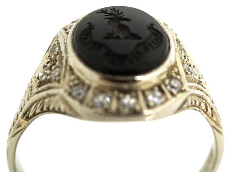 Art Deco 18ct White Gold Signet Ring With Onyx Crest Intaglio