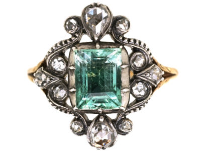 Georgian 15ct Gold, Foiled Green Aquamarine & Rose Diamond Ring