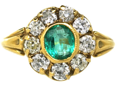 Edwardian 18ct Gold, Emerald & Diamond Cluster Ring