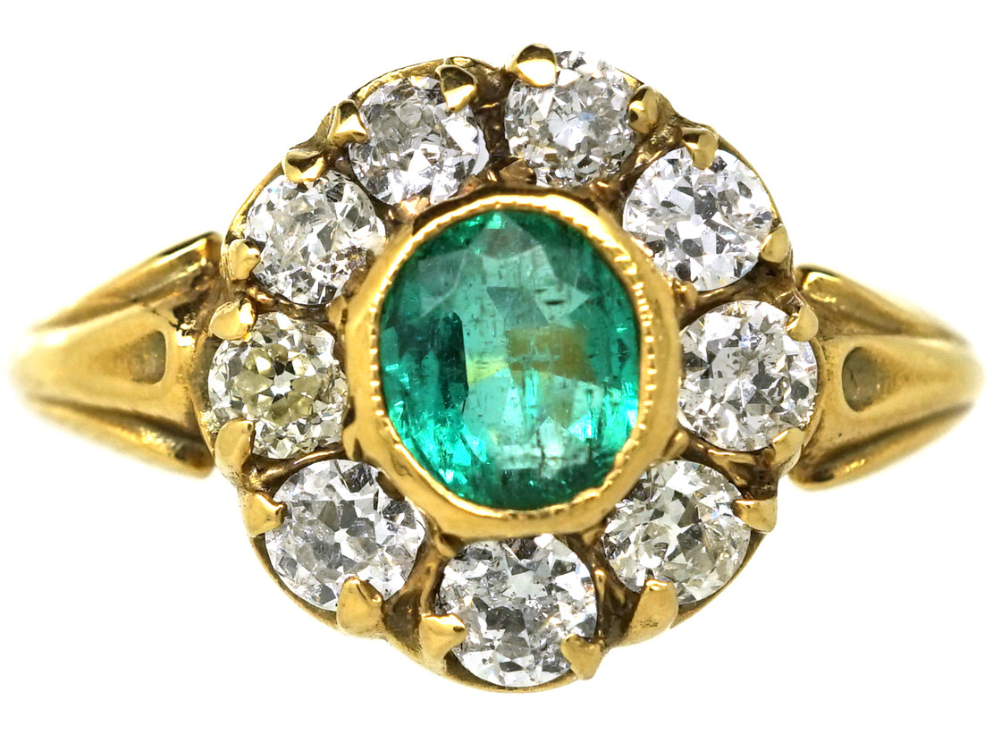 Edwardian 18ct Gold Emerald And Diamond Cluster Ring 249l The Antique Jewellery Company 7479