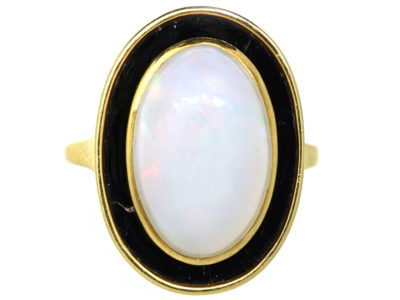 Art Deco 18ct Gold, Opal & Black Enamel Ring