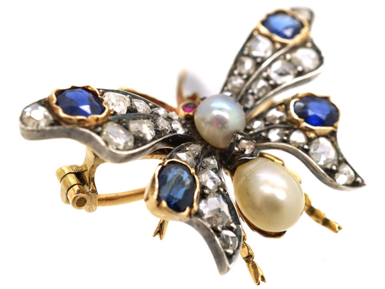 Edwardian Sapphire, Natural Pearl, Ruby & Diamond Butterfly Brooch