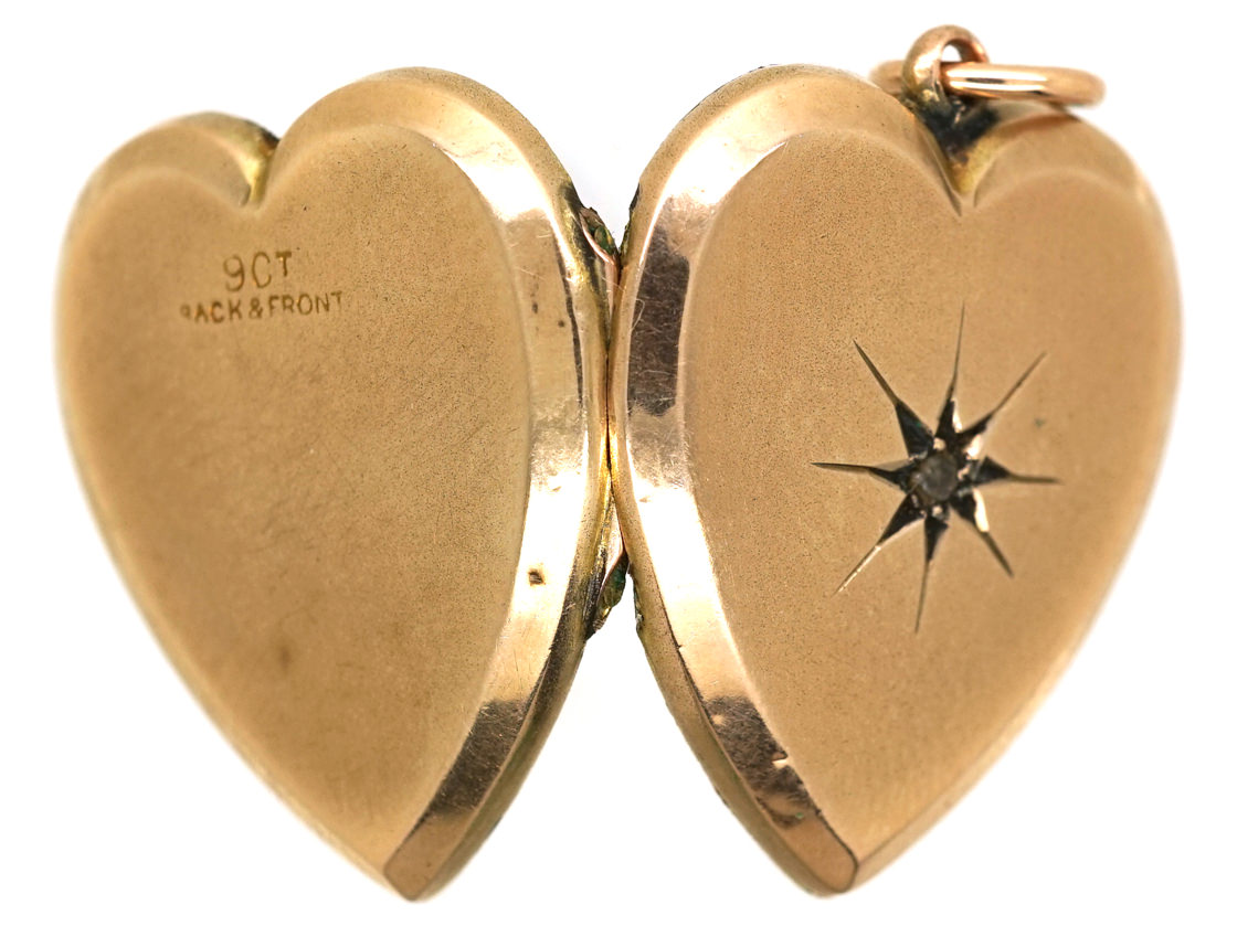 Edwardian 9ct Back & Front Heart Shaped Locket Set With a Rose Diamond ...