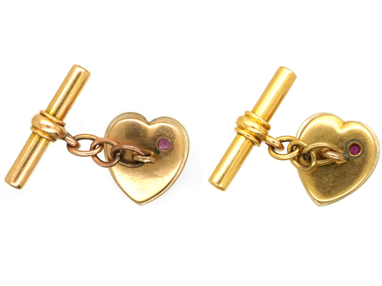 Edwardian 15ct Gold Heart Shaped Mother of Pearl & Ruby Cufflinks