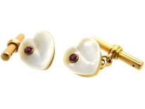 Edwardian 15ct Gold Heart Shaped Mother of Pearl & Ruby Cufflinks