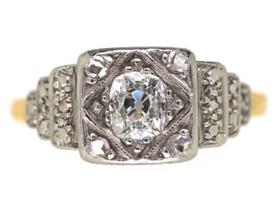 Art Deco 18ct Gold, Platinum & Diamond Solitaire Ring With Stepped Diamond Set Shoulders