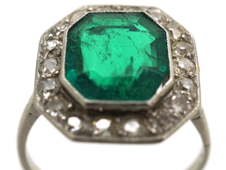 Art Deco 18ct White Gold & Platinum, Emerald & Diamond Ring