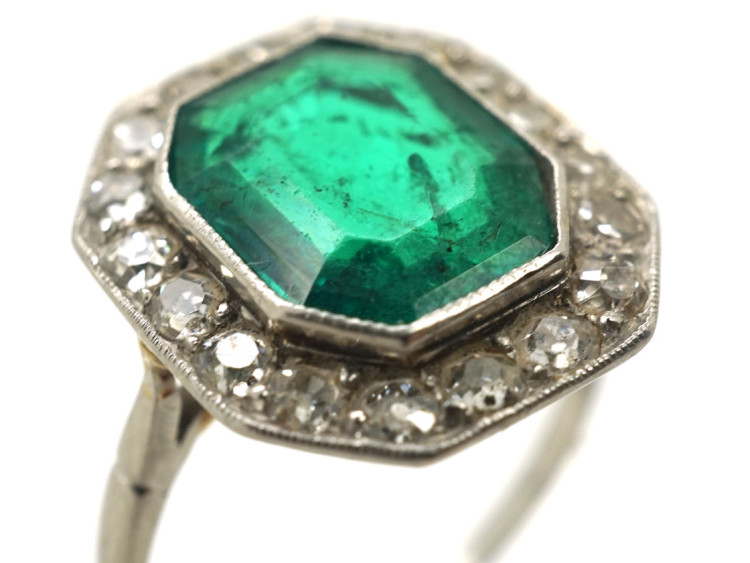 Art Deco 18ct White Gold & Platinum, Emerald & Diamond Ring