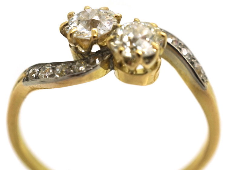 Edwardian 18ct Gold, Platinum & Diamond Two Stone Crossover Ring