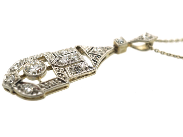 Art Deco 18ct White Gold & Diamond Pendant in Original Case