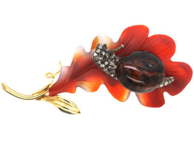 14ct Gold & Hard Stone Oak Leaf & Snail Brooch Set With Diamonds