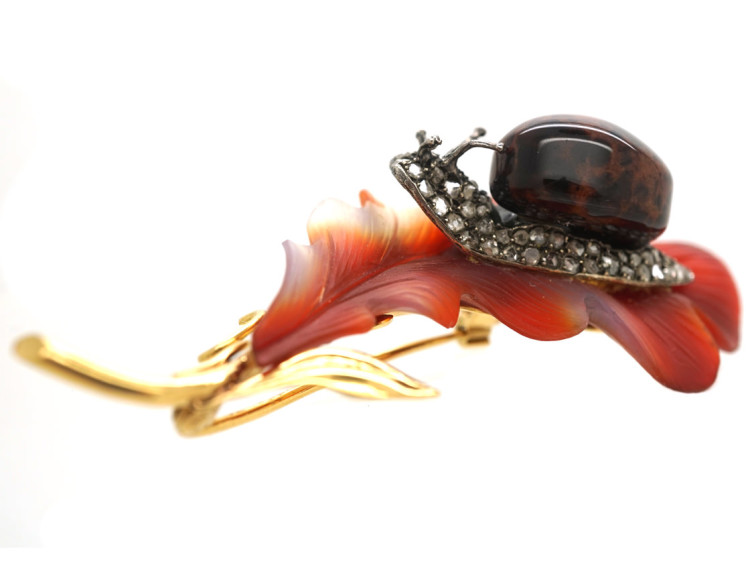 14ct Gold & Hard Stone Oak Leaf & Snail Brooch Set With Diamonds