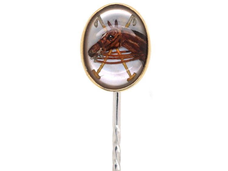 Reverse Intaglio Rock Crystal Tie Pin of a Polo Pony With Two Mallets