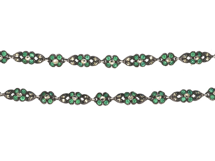 Edwardian Silver, Green Paste & Marcasite Flower Necklace