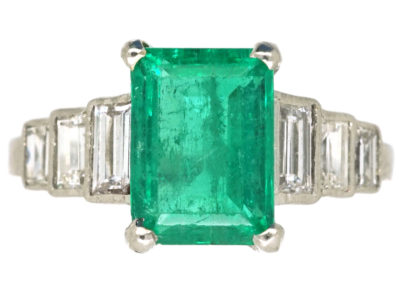 Art Deco 18ct White Gold, Emerald & Diamond Step Cut Ring