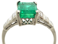 Art Deco 18ct White Gold, Emerald & Diamond Step Cut Ring