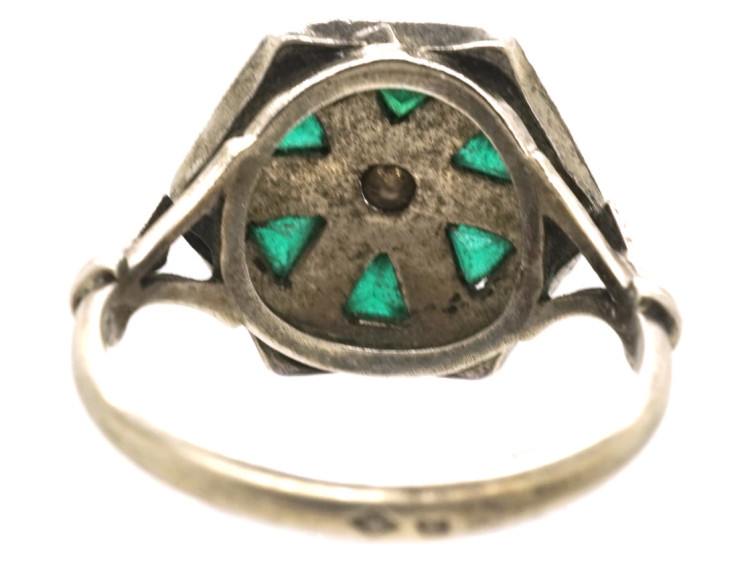 Art Deco Silver, Green & White Paste Ring