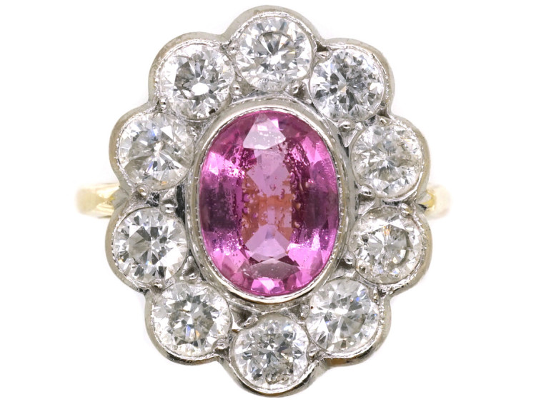 18ct White & Yellow Gold, Pink Sapphire & Diamond Oval Cluster Ring